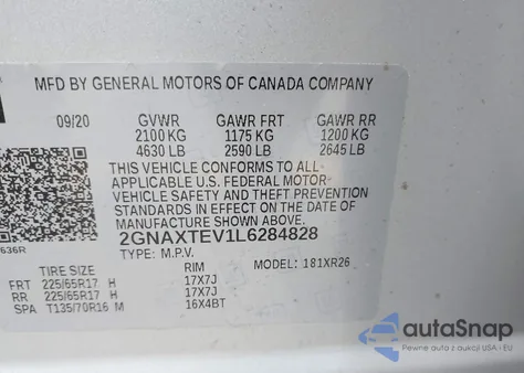 2020 Chevrolet Equinox Awd 2Fl z USA, uszkodzony, nr VIN 2GNAXTEV1L6284828